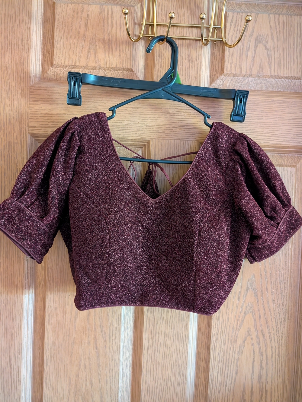 Metallic Wine Shimmer Burgundy Saree Blouse Size 36 Puff Sleeve Padded Crop Top
